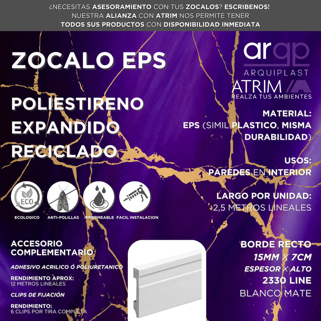 ZOCALO ATRIM 2330 EPS PLASTICO BLANCO 7CM - 15x70x2,5mts