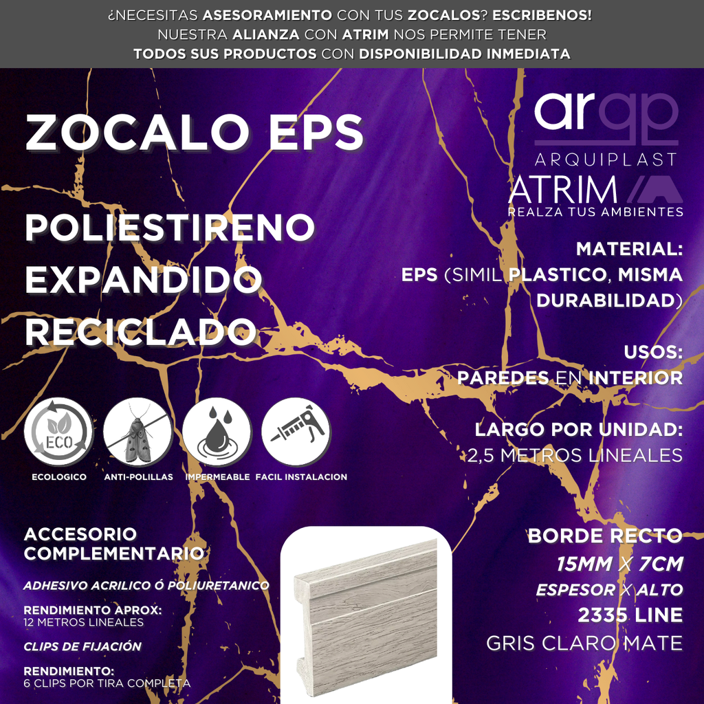 ZOCALO ATRIM LINE 2335 EPS PLASTICO GRIS CLARO 7CM - 15x70x2,5mts