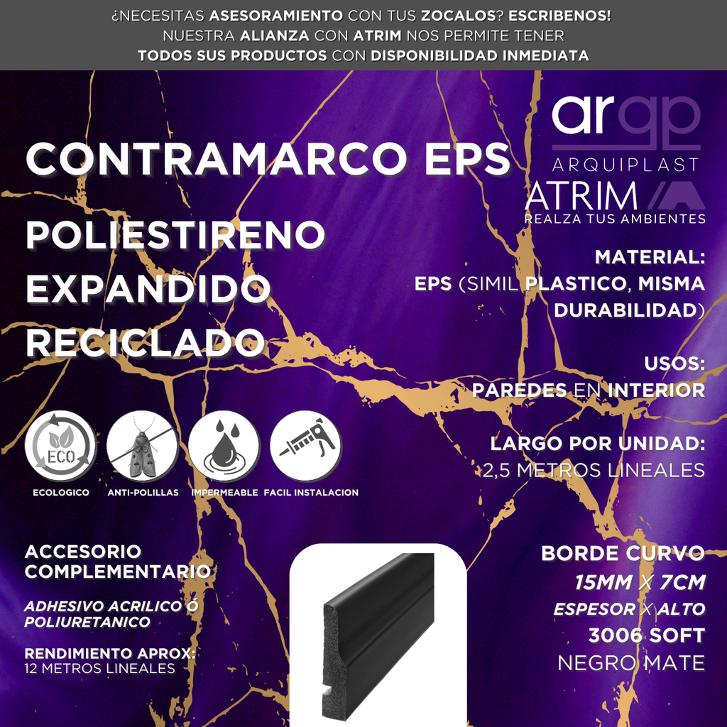 CONTRAMARCO ATRIM SOFT 3006 EPS PLASTICO NEGRO 7CM - 15x70x2,5mts