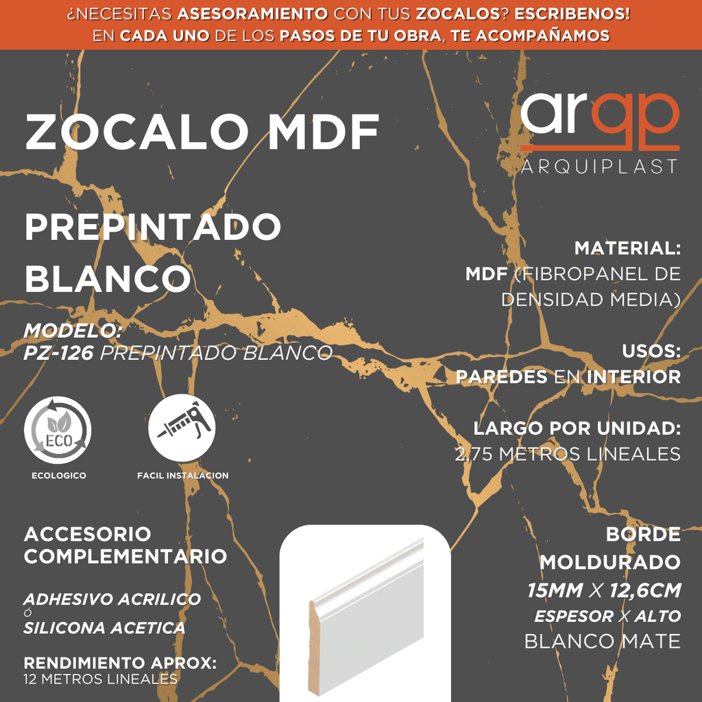 ZOCALO PZ-126 MDF PREPINTADO BLANCO 12,6CM - 15x126x2,75mts