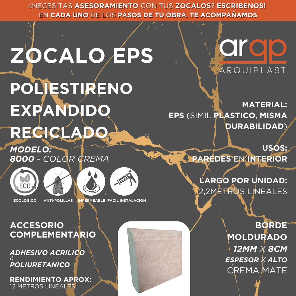 ZOCALO 8000 MOLDURADO EPS PLASTICO CREMA 8CM - 12x80x2,4mts