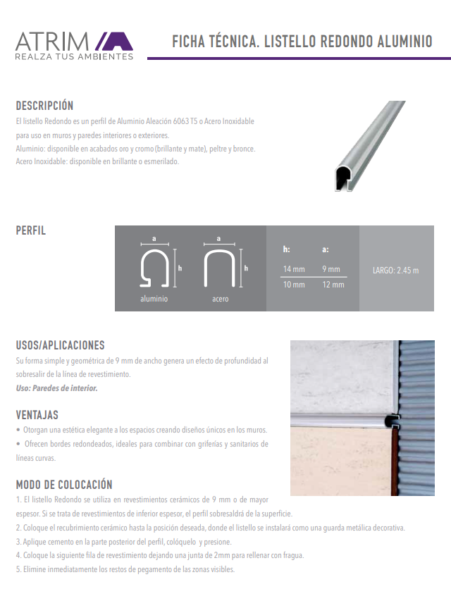 1440 ALUMINIO LISTELLO REDON. 14x9mm x 2,45m ORO BRI.