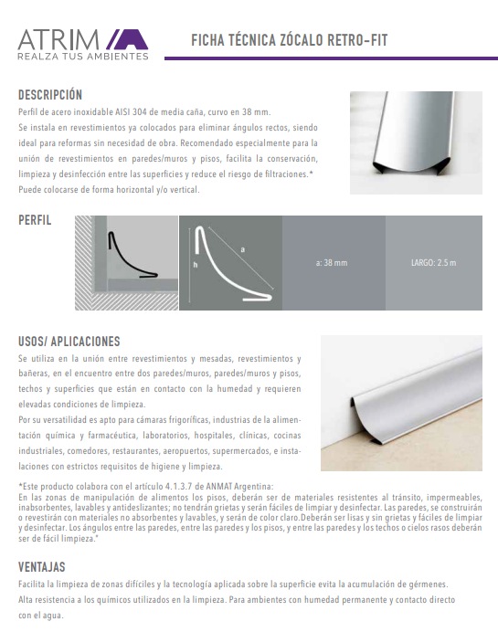 673 ACERO INOX. ZÓCALO SANIT. RETROFIT 38mm x 2,5m BTE