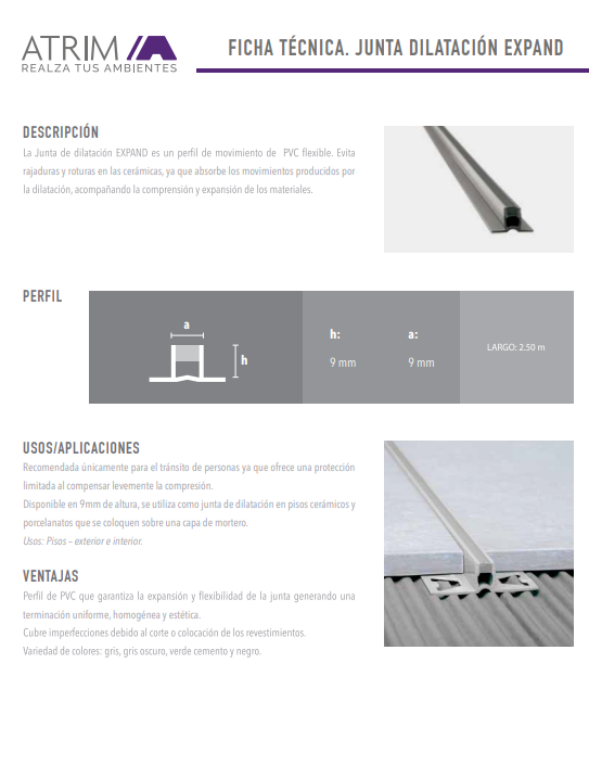 845 PVC JUNTA DE DILATAC. 9mm x 2,5m GRIS OSCURO