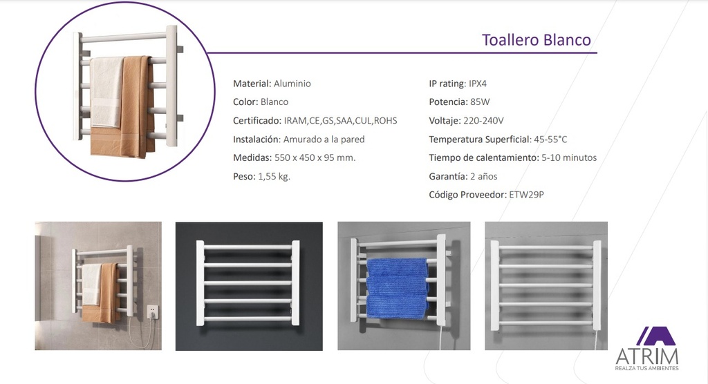 ATRIM TOALLERO ELECTRICO - COCO CONFORT 45x50x9,5cm ALUMINIO [BLANCO]