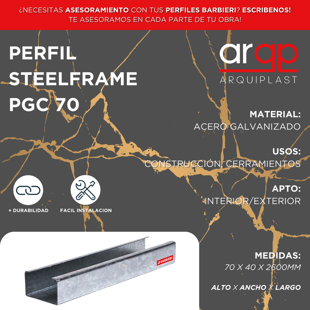 1301070302 PERFIL GALVANIZADO PGC 70 (40x70x2600mm)  ESP 094