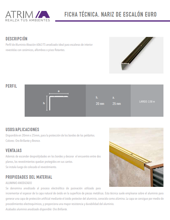 3913 ALUMINIO NARIZ ESCALON 20x25mm x2,5m CROMO MATE