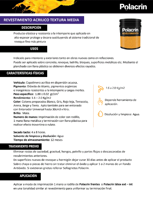 REVESTIMIENTO TEXTURA MEDIA POLACRIN (Gris, Rojo Teja, Terracota, Arena, Beige, Terra) 25Kg